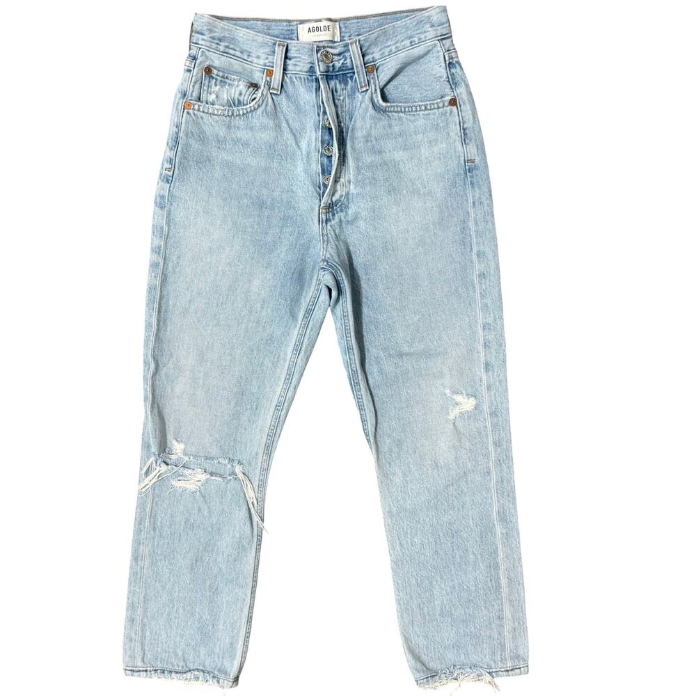 Agolde Riley High Rise Blue Straight Crop Button Fly Distressed Jeans size 24
